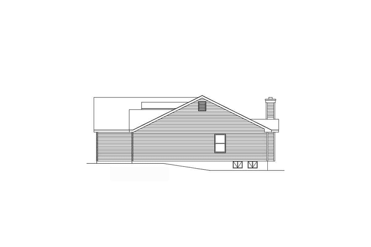 House plan exterior drawing showing a side elevation with horizontal siding, a prominent gable, a chimney, and two windows.