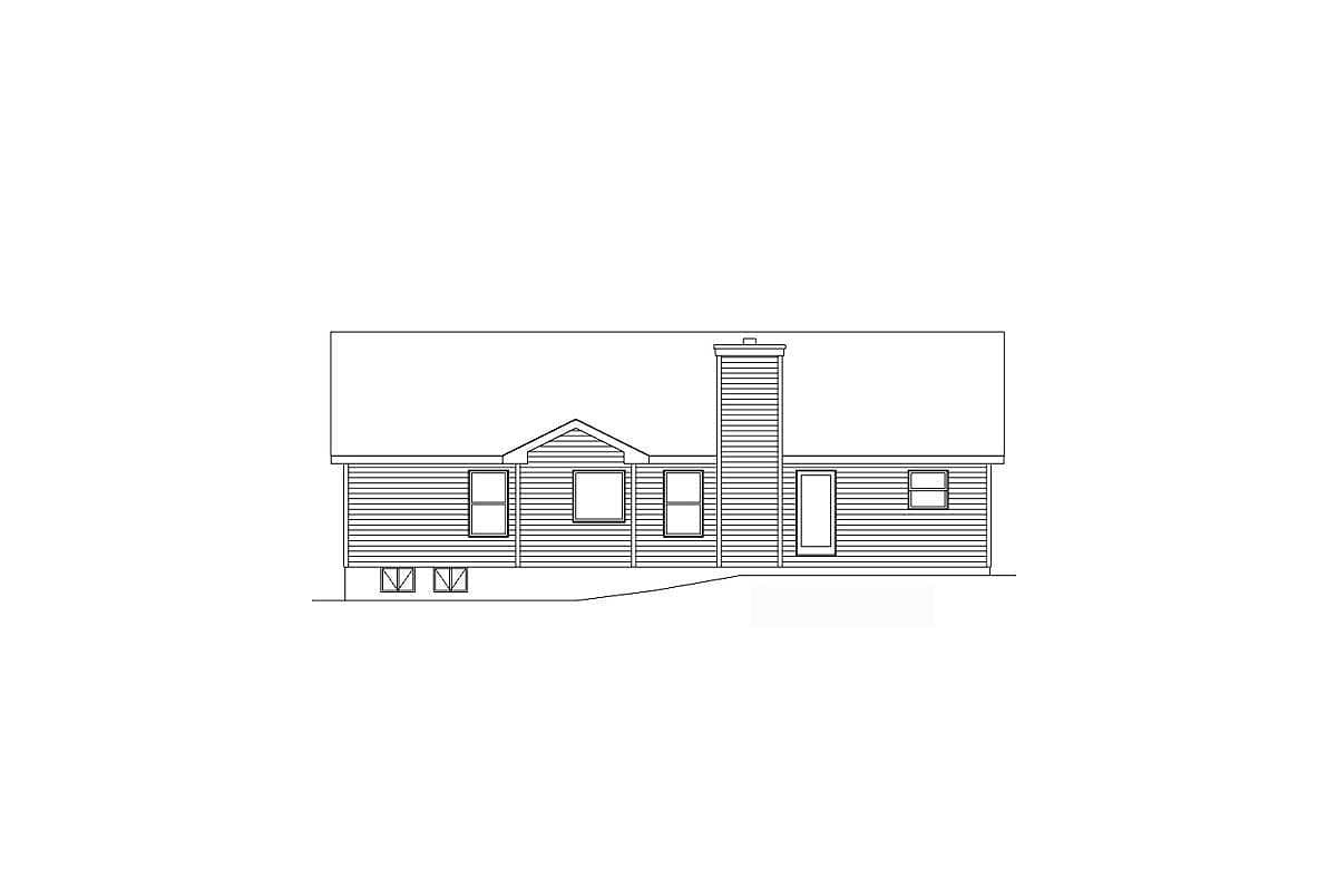 House plan exterior drawing of a one-story home with a gable and a prominent chimney.