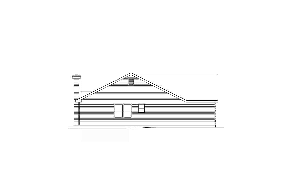 House plan elevation drawing showing a side view with horizontal siding, a prominent gable, two windows, and a chimney.