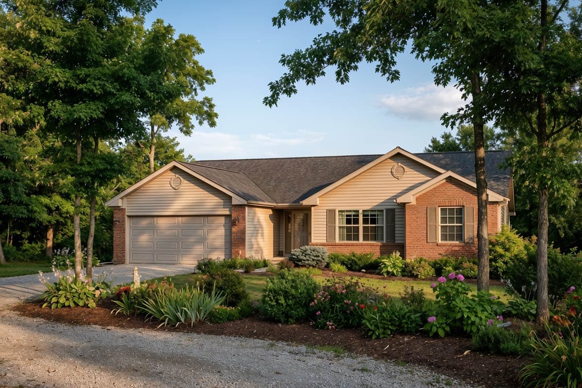 House plan exterior. Ranch style with a two-car garage, brick accents, multiple gables, and a mix of siding and brick facade.