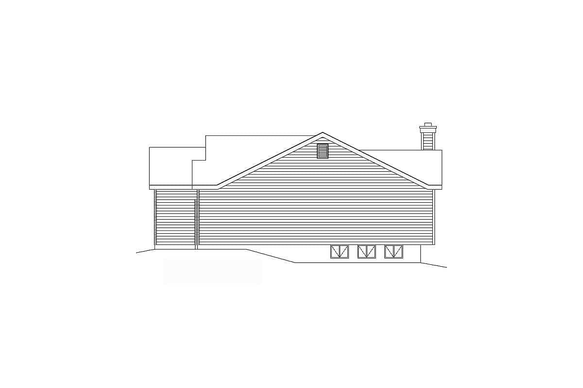 House plan exterior drawing showing a side view with a gambrel roof, siding, dormer, and foundation vents.