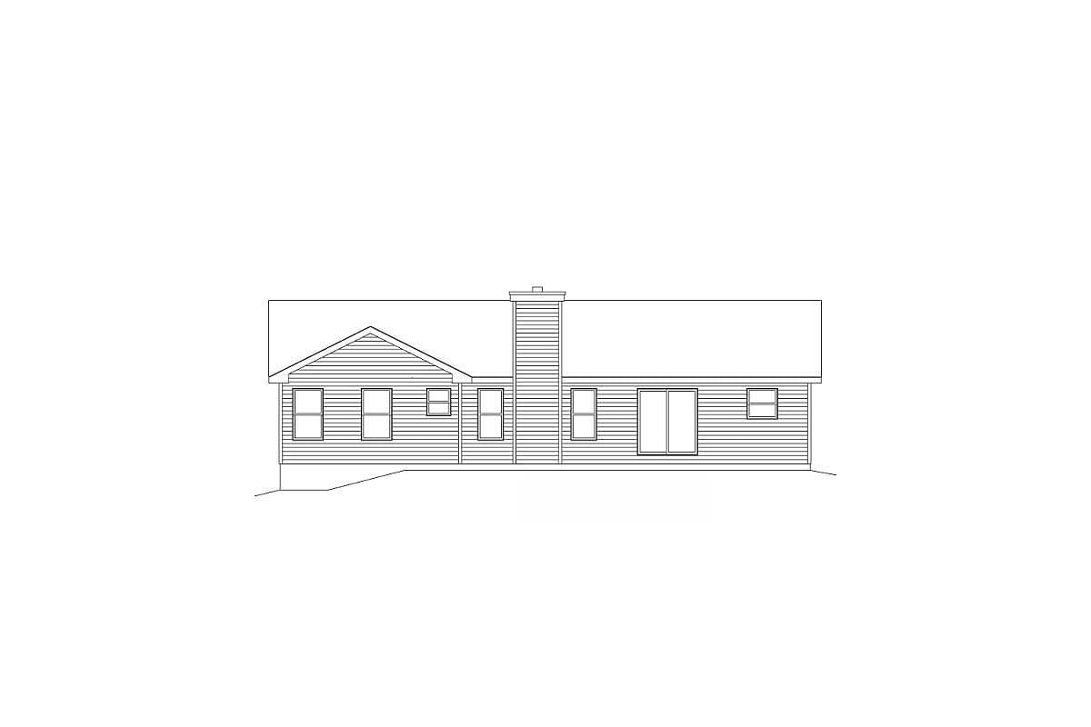Ranch house plan exterior drawing with horizontal siding, a prominent chimney, multiple windows, and sliding glass doors.
