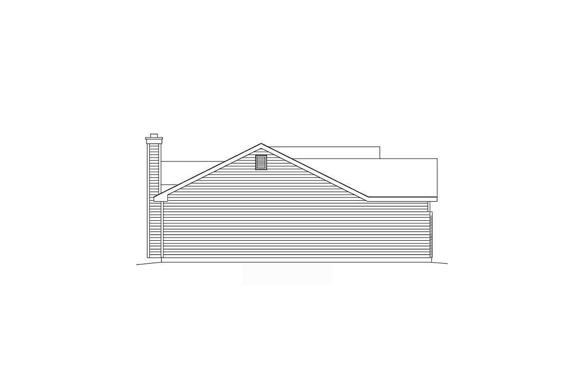 House plan exterior drawing shows a side view with horizontal siding, a prominent gable, dormer, and chimney.