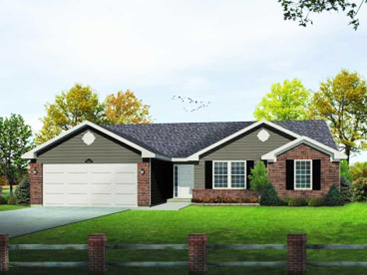 House plan exterior. Ranch style with a two-car garage, brick accents, multiple gables, and a mix of siding and brick facade.