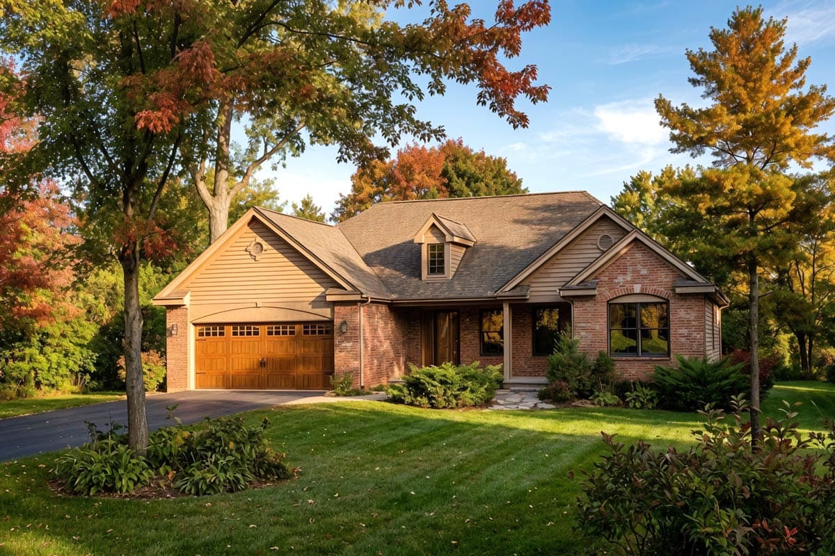 House plan exterior: one-story home with attached garage, gabled roof dormer, brick accents, and covered entry.
