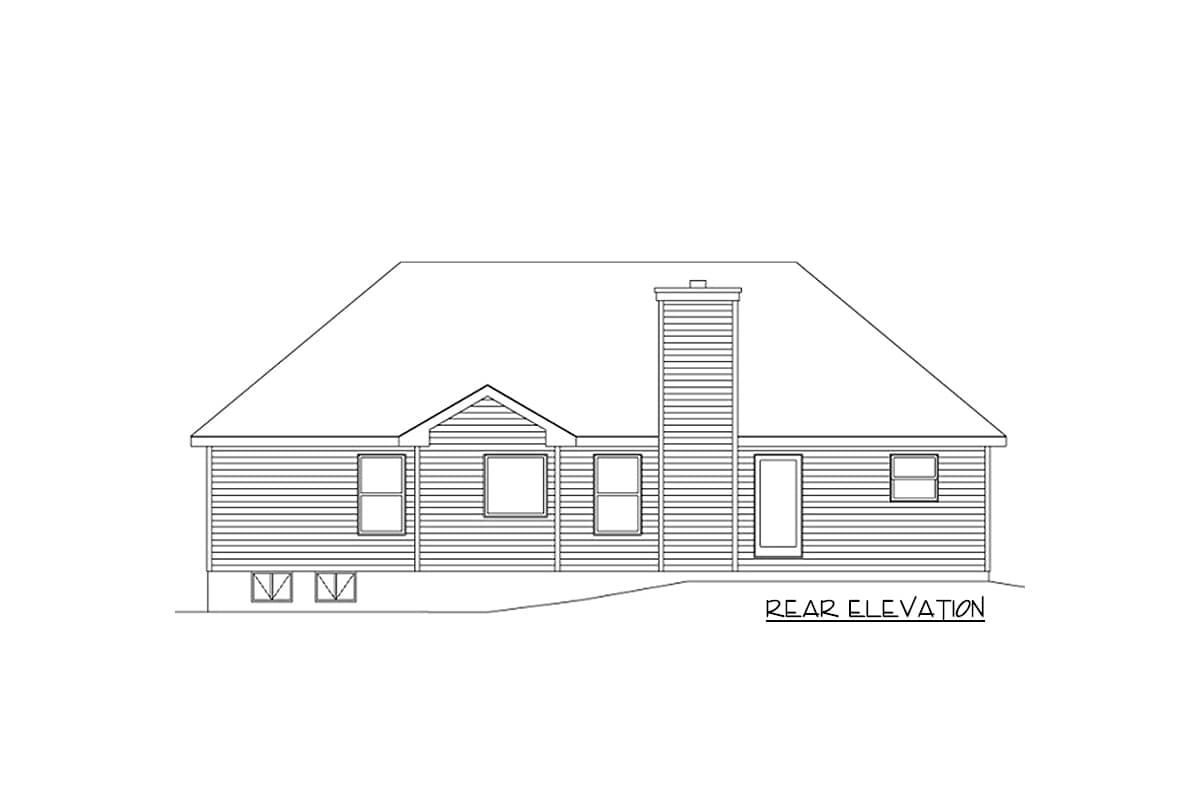 Rear elevation drawing of a one-story house with horizontal siding, three windows, a door, a gable dormer, and a chimney.