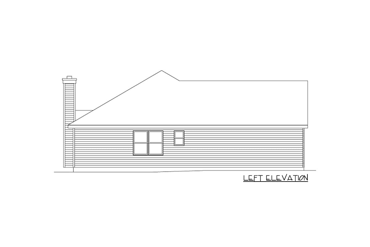 Left elevation drawing of a house plan showing a pitched roof, chimney, and horizontal siding.