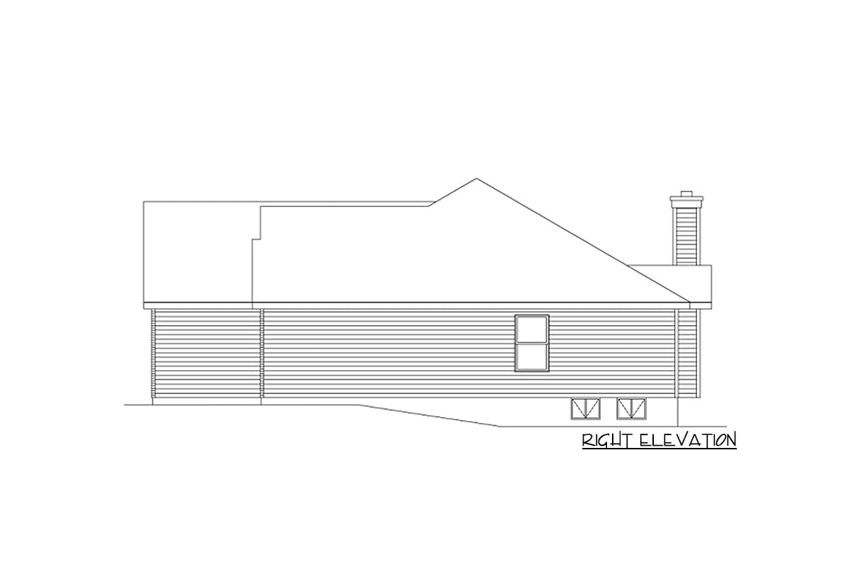 House plan right elevation showing a pitched roofline, horizontal siding, a single window, and a chimney.