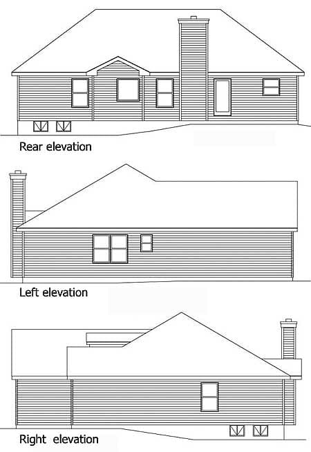 House plan rear elevation showing windows, door, and chimney. Left and right elevations display rooflines, windows, and chimney.