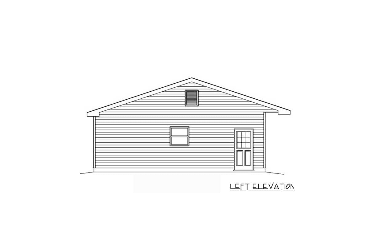 Left elevation drawing of a one-story house plan with horizontal siding, one window, one door, and a gable vent.
