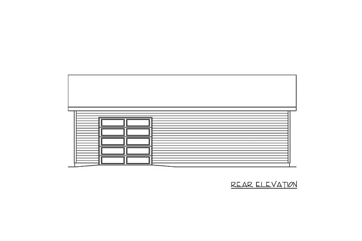 Rear elevation drawing of a house plan with horizontal siding and a two-car garage door.