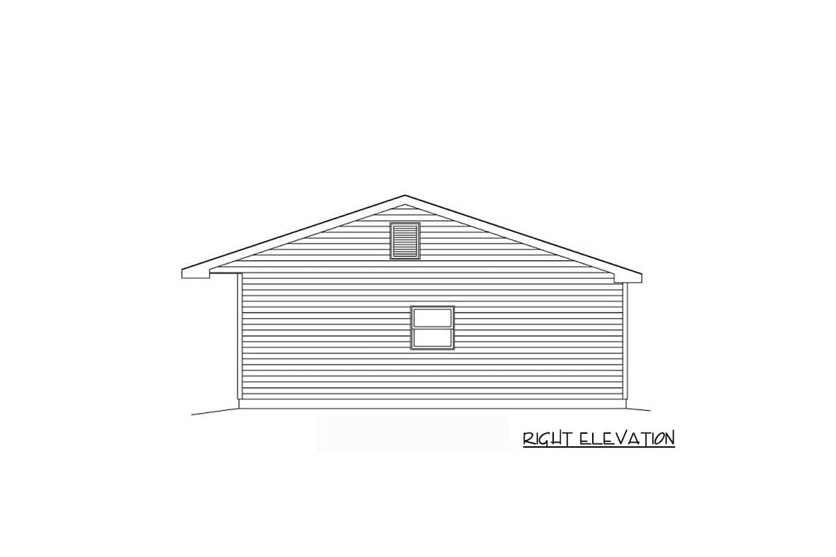 Right elevation drawing of a house plan featuring horizontal siding, a gable roof, and two windows, one above the other.