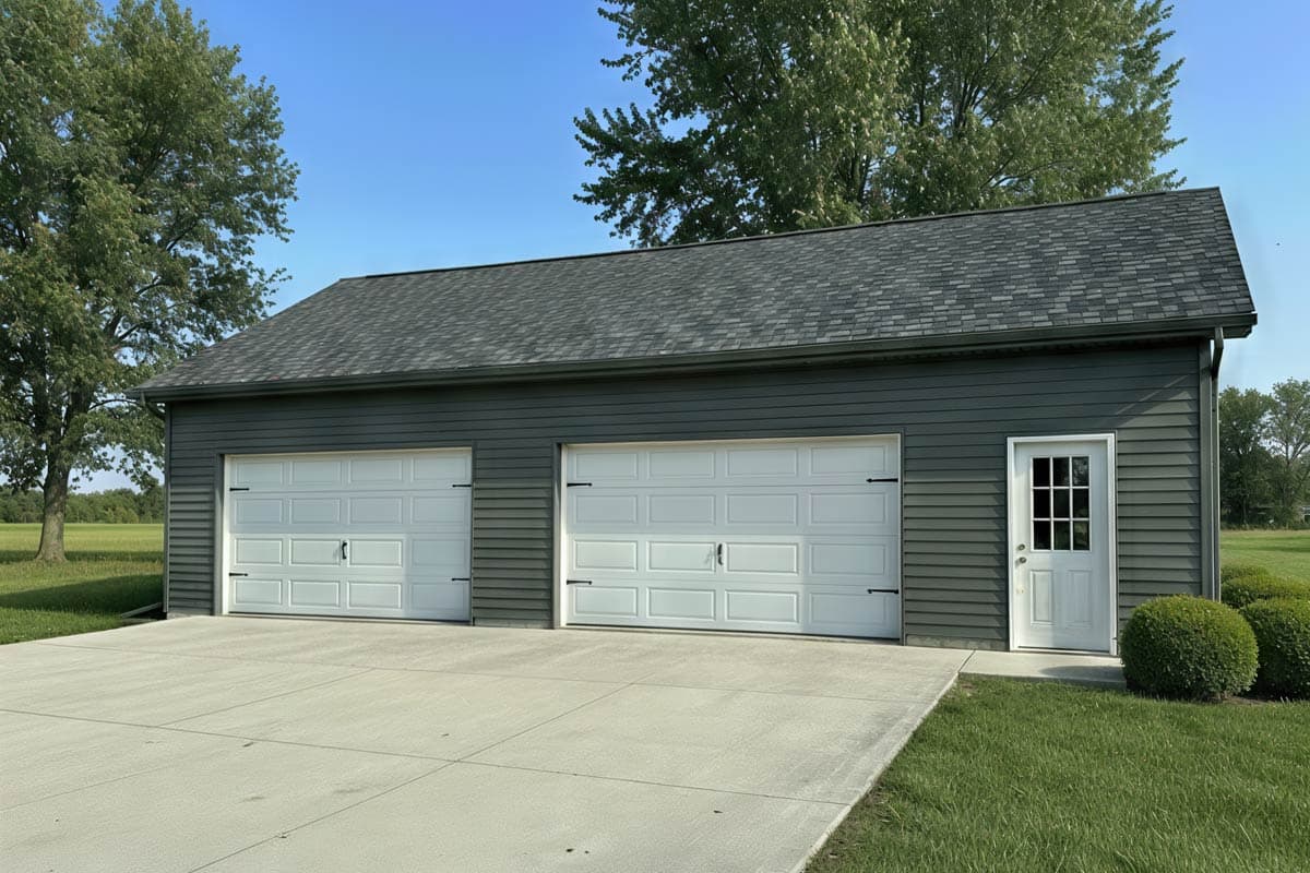 House plan exterior with two-car garage. Features include a gable roof, horizontal siding, and a small entry door with sidelight.