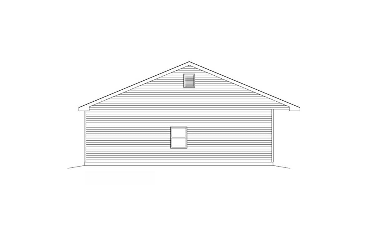 House plan elevation drawing showing a side view with horizontal siding, two windows, and a gable roof with a vent.