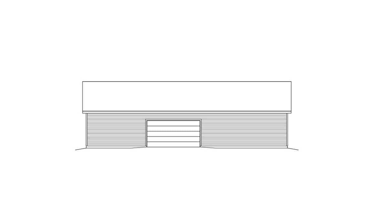 Garage floor plan elevation drawing showing a horizontal rolling door on a building with horizontal siding.