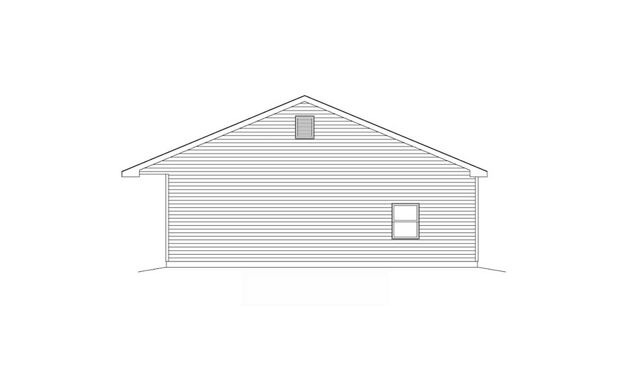 Side elevation house plan drawing showing horizontal siding, one window, and a gable vent.