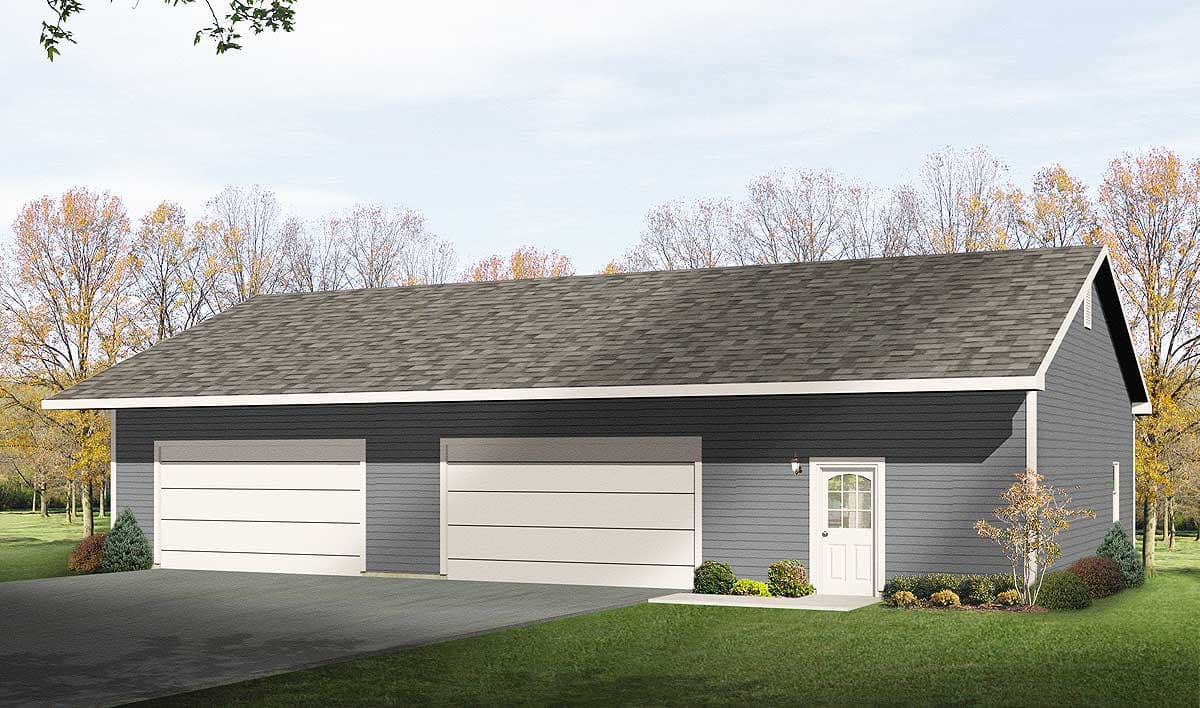 House plan exterior with two-car garage. Features include a gable roof, horizontal siding, and a small entry door with sidelight.