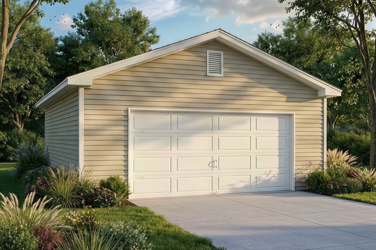 House plan exterior of a one-story garage with horizontal siding, gable vent, white sectional door, and side door.