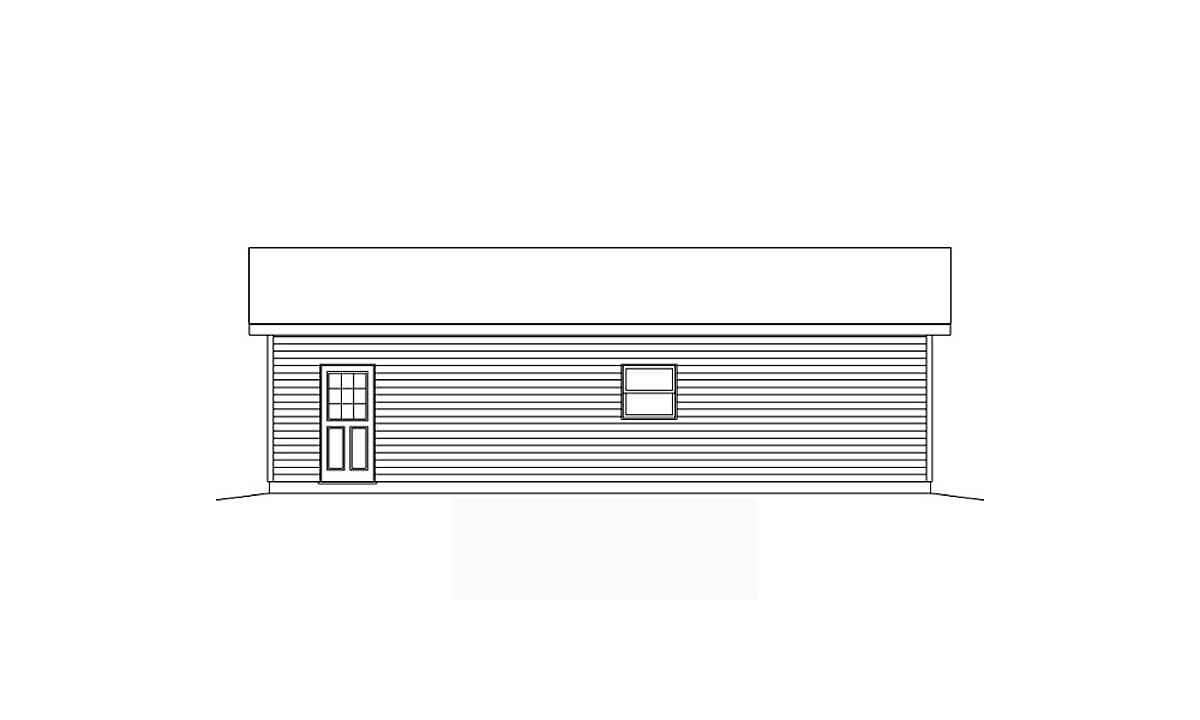 Side elevation drawing of a one-story house plan with horizontal siding, a front door, and one window.