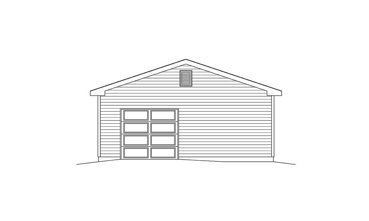 Garage plan exterior. Single-story structure with a gable roof, double garage door with windows, and a gable vent.