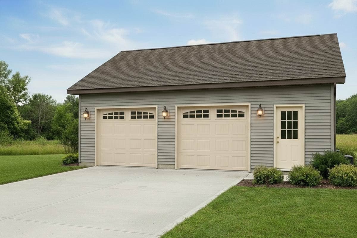 House plan exterior of a two-car garage with a single-car garage door, a pedestrian door, and gable roof.