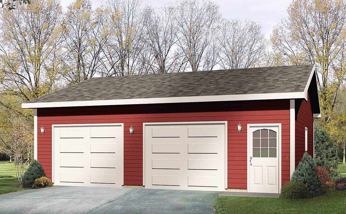 House plan exterior of a two-car garage with a single-car garage door, a pedestrian door, and gable roof.