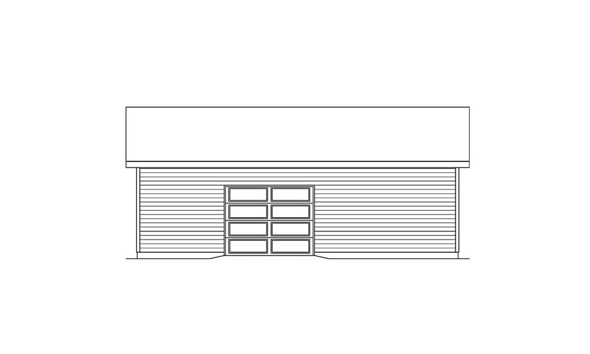 Front elevation drawing of a one-story house plan with horizontal siding and a four-panel garage door.
