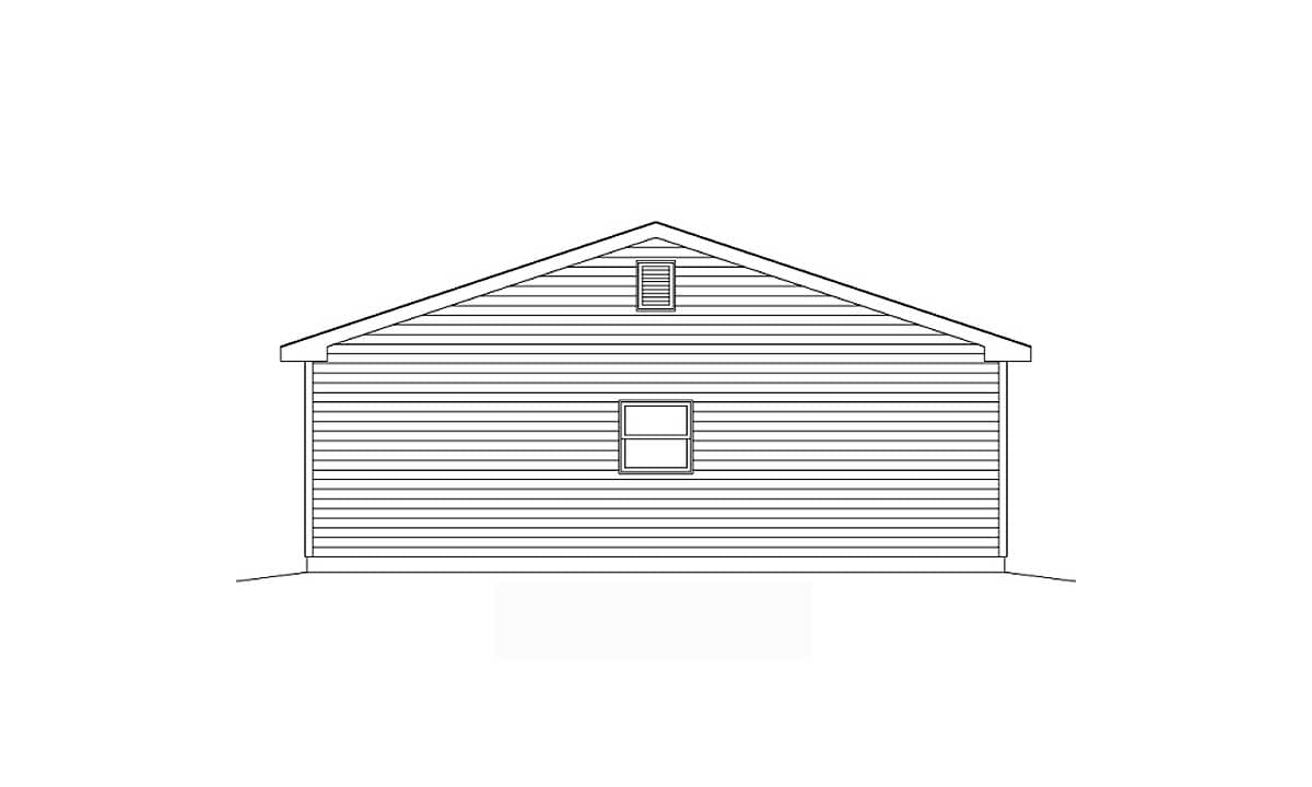 House plan side elevation. Features horizontal siding, one window, and a gable vent.