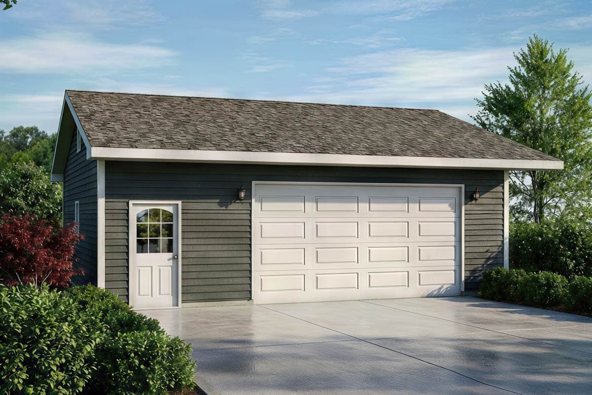House plan exterior with gable roof, single garage door, and paneled entry door with arched glass.