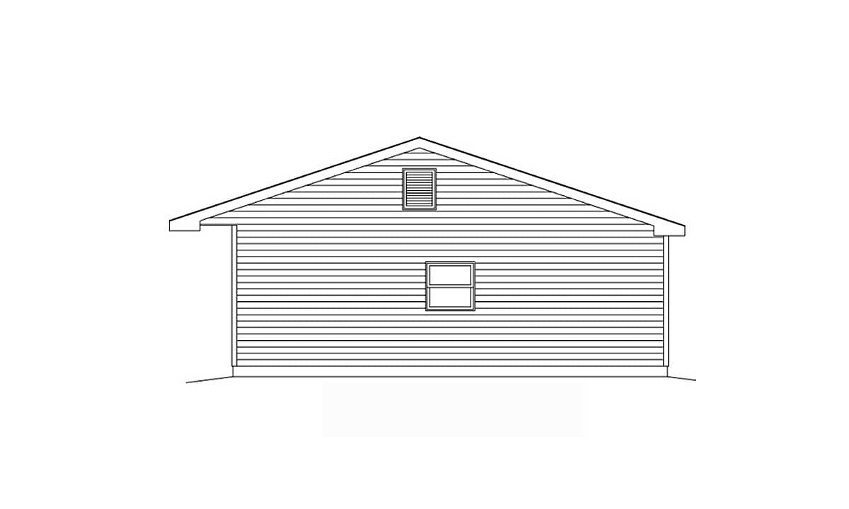 House plan front elevation drawing of a two-story structure with horizontal siding, a gable roof, and two windows.