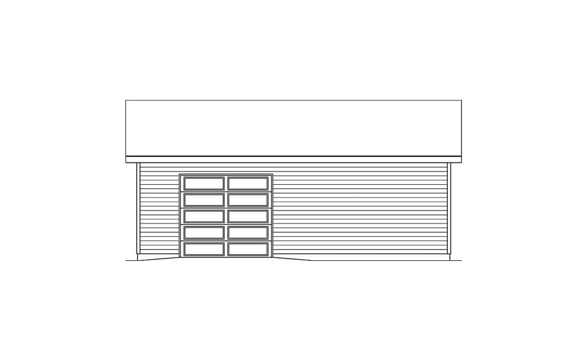House plan elevation drawing of a garage with horizontal siding and a multi-panel garage door.