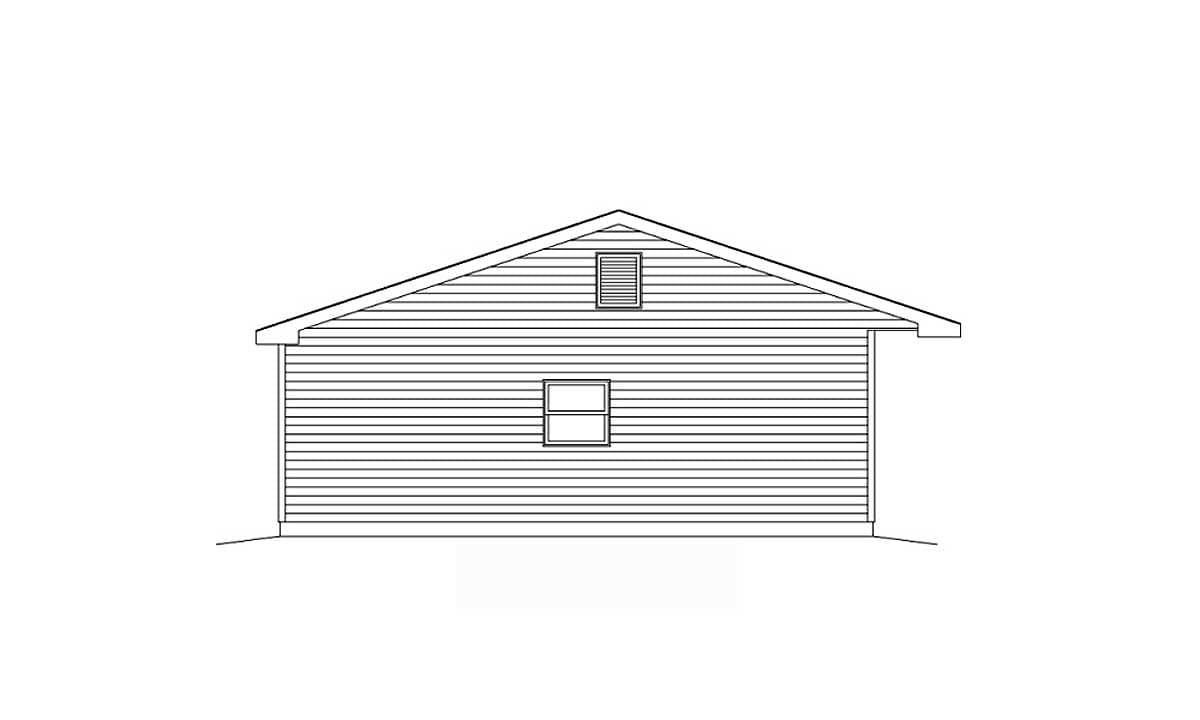 House plan exterior drawing showing a side view with horizontal siding, a gable roof, and two windows.