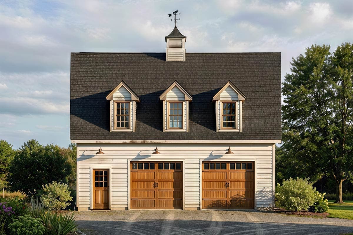 House plan exterior: Two-car garage with dormer windows and a cupola.