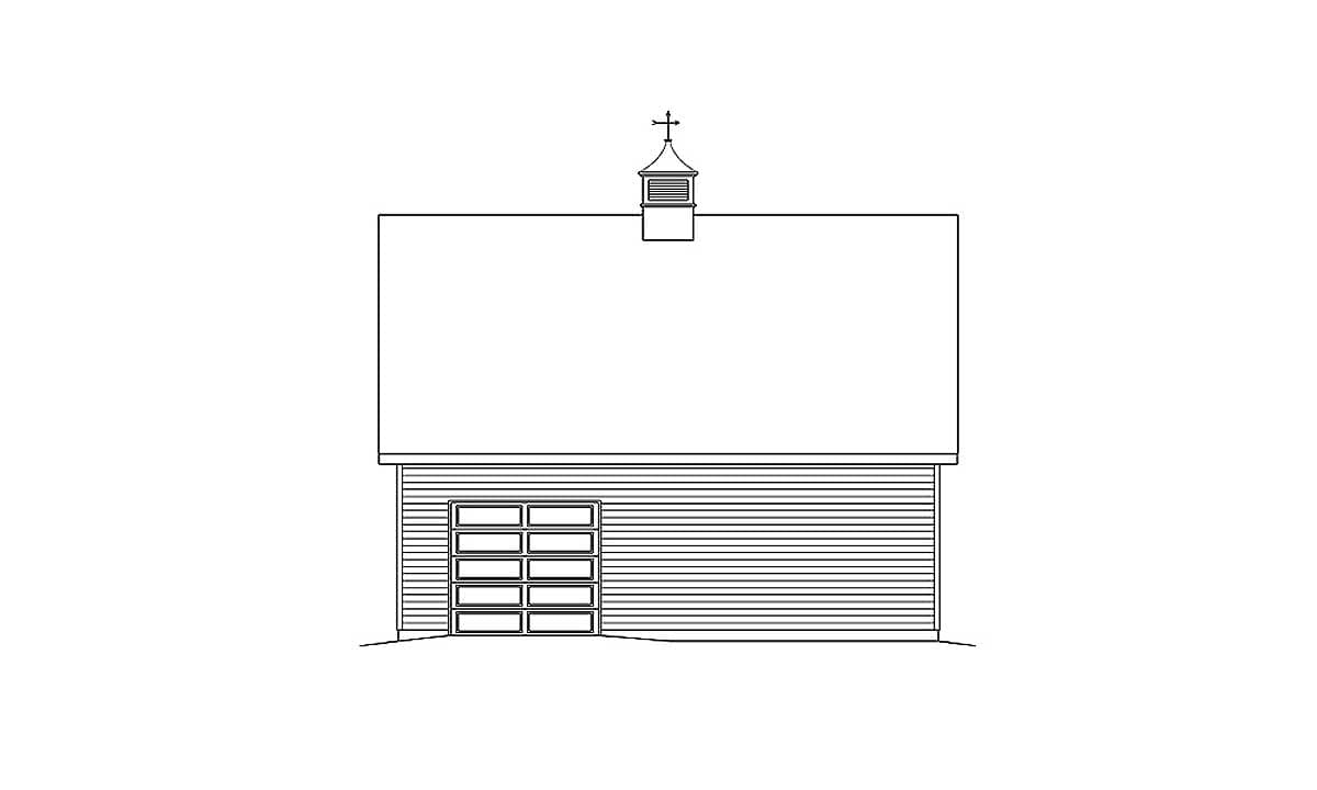 Front elevation drawing of a house plan featuring horizontal siding, a multi-panel garage door, and a cupola with a weathervane.