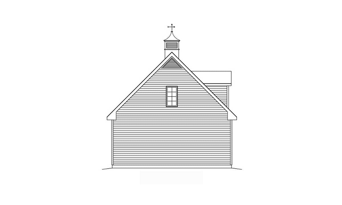 House plan exterior elevation: Gable roof with cupola, siding, and one dormer window.