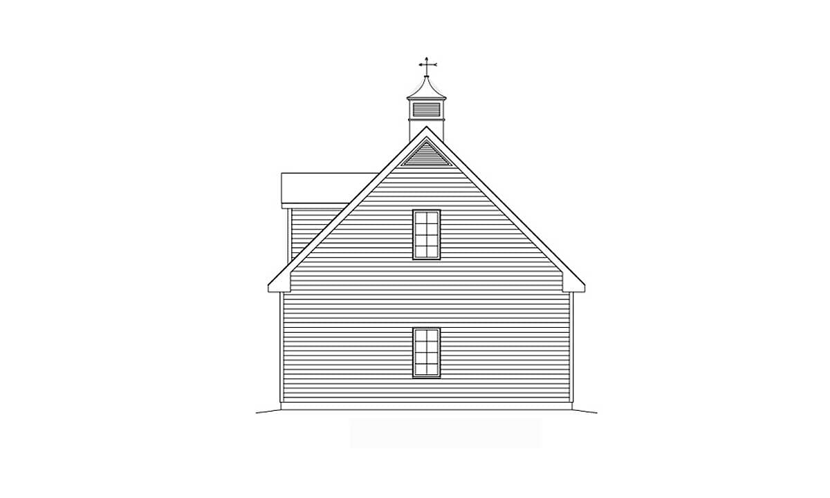 House plan exterior, two stories, steep gable roof with cupola, and two visible windows.