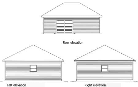 House plan elevations: rear view shows segmented garage door, left and right views show single window.