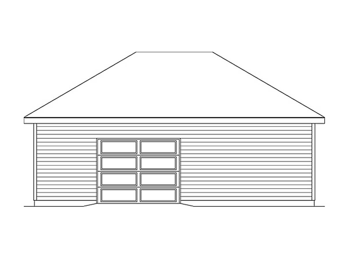 Floor plan drawing of a single-story house with a hip roof and a two-car garage with a glass panel door.