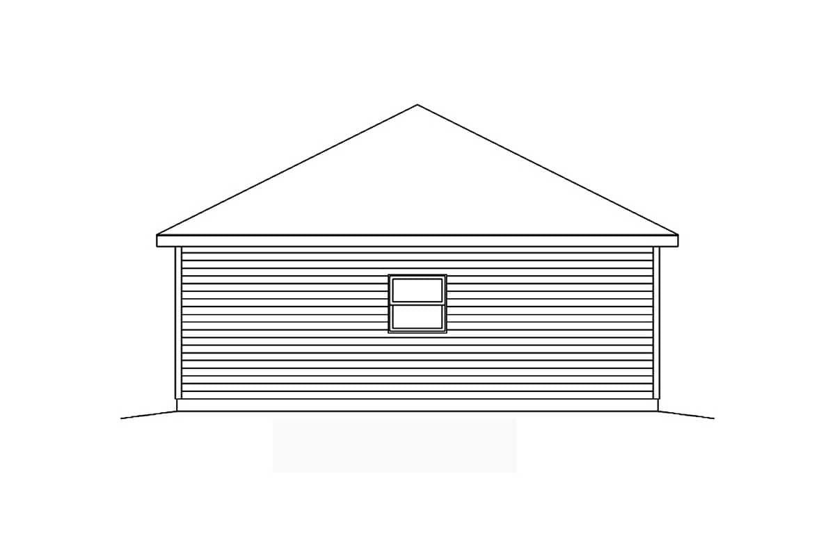 House plan elevation drawing of a simple gable-roofed structure with horizontal siding and one central window.