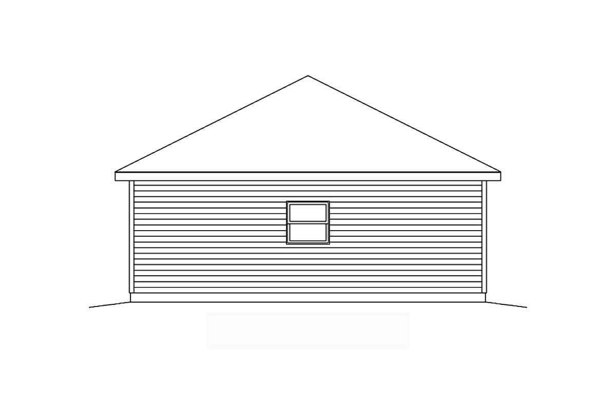 House plan exterior elevation showing horizontal siding, a single window, and a gable roof.