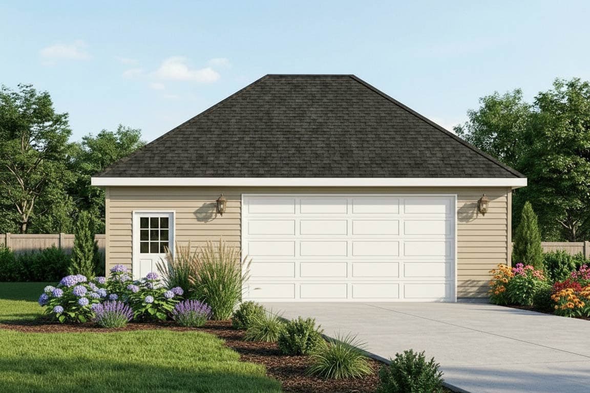 House plan exterior: One-story garage with a side entry door and a large front-facing garage door, asphalt shingle roof.