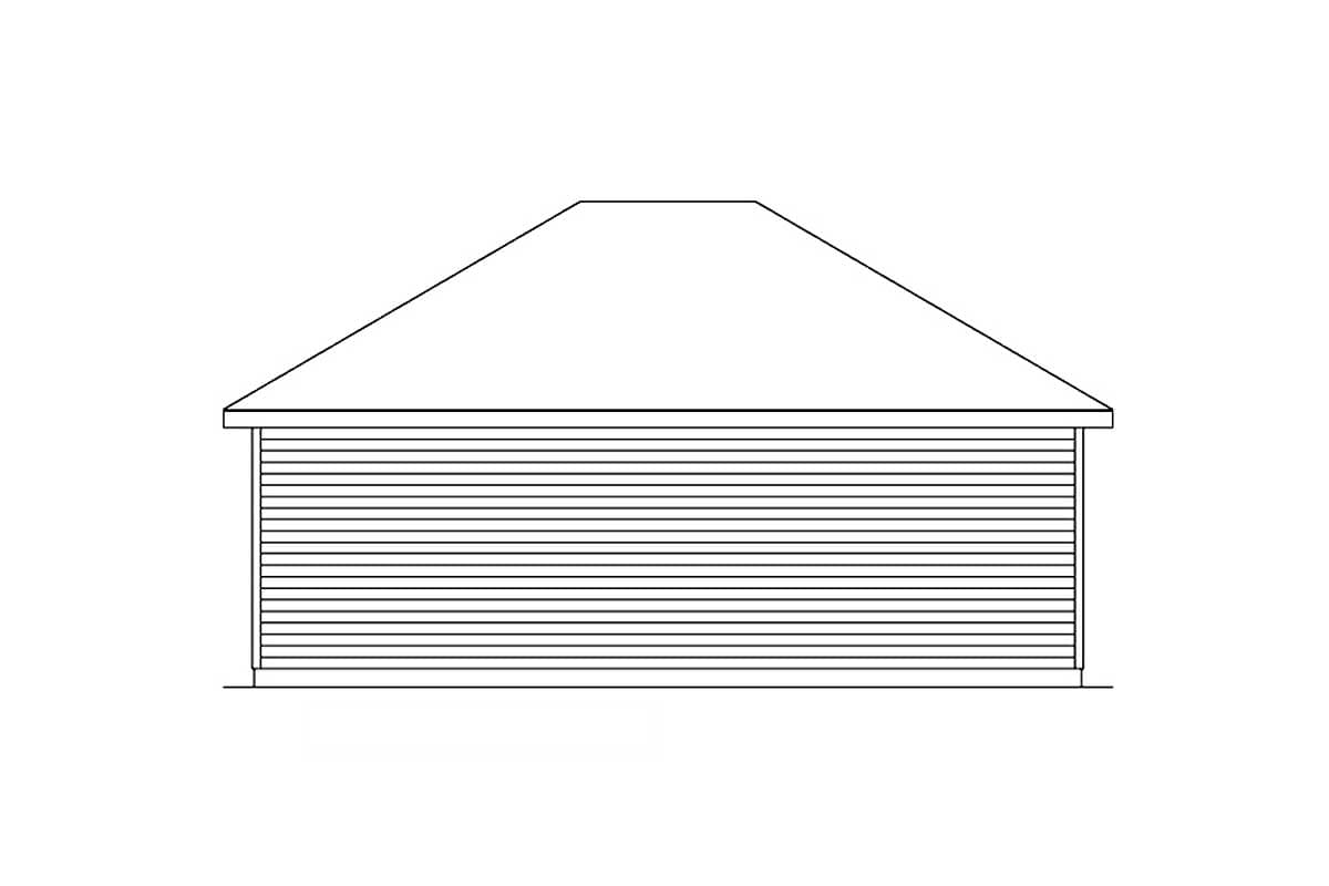 House plan elevation drawing of a side view showing horizontal siding and a hipped roof.