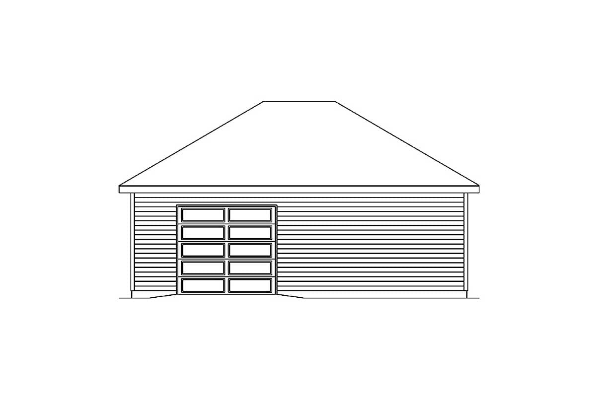 Front elevation drawing of a one-story garage with horizontal siding and a multi-panel glass garage door.