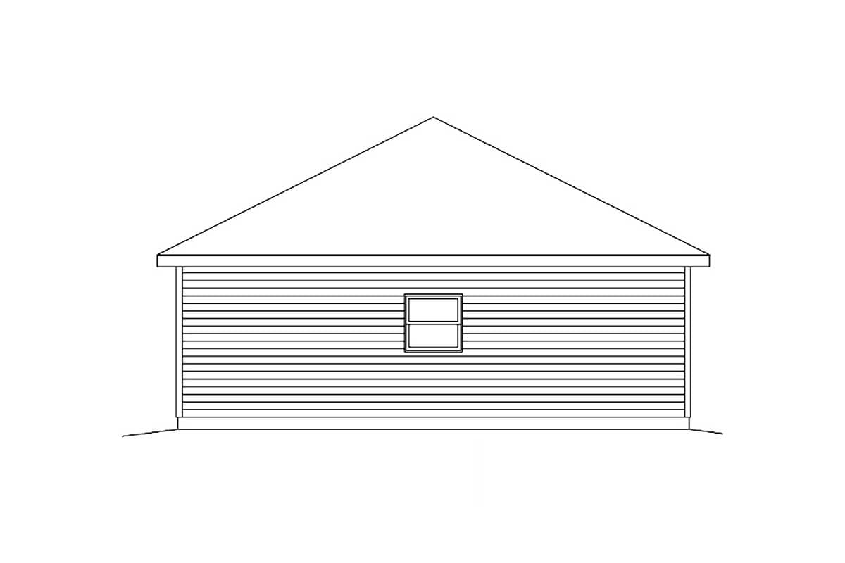 Front elevation drawing of a one-story house with horizontal siding and a simple gable roofline.