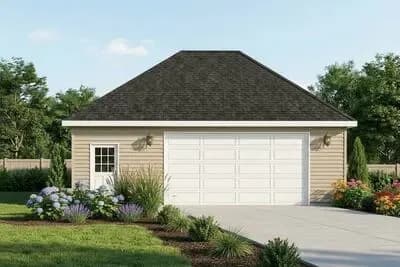 Hip Roof 2-Car Drive-Thru Garage
