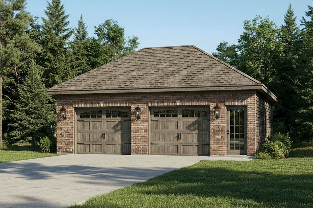 House plan exterior: Two-car garage with brick facade, white panel doors, and a gabled roof.