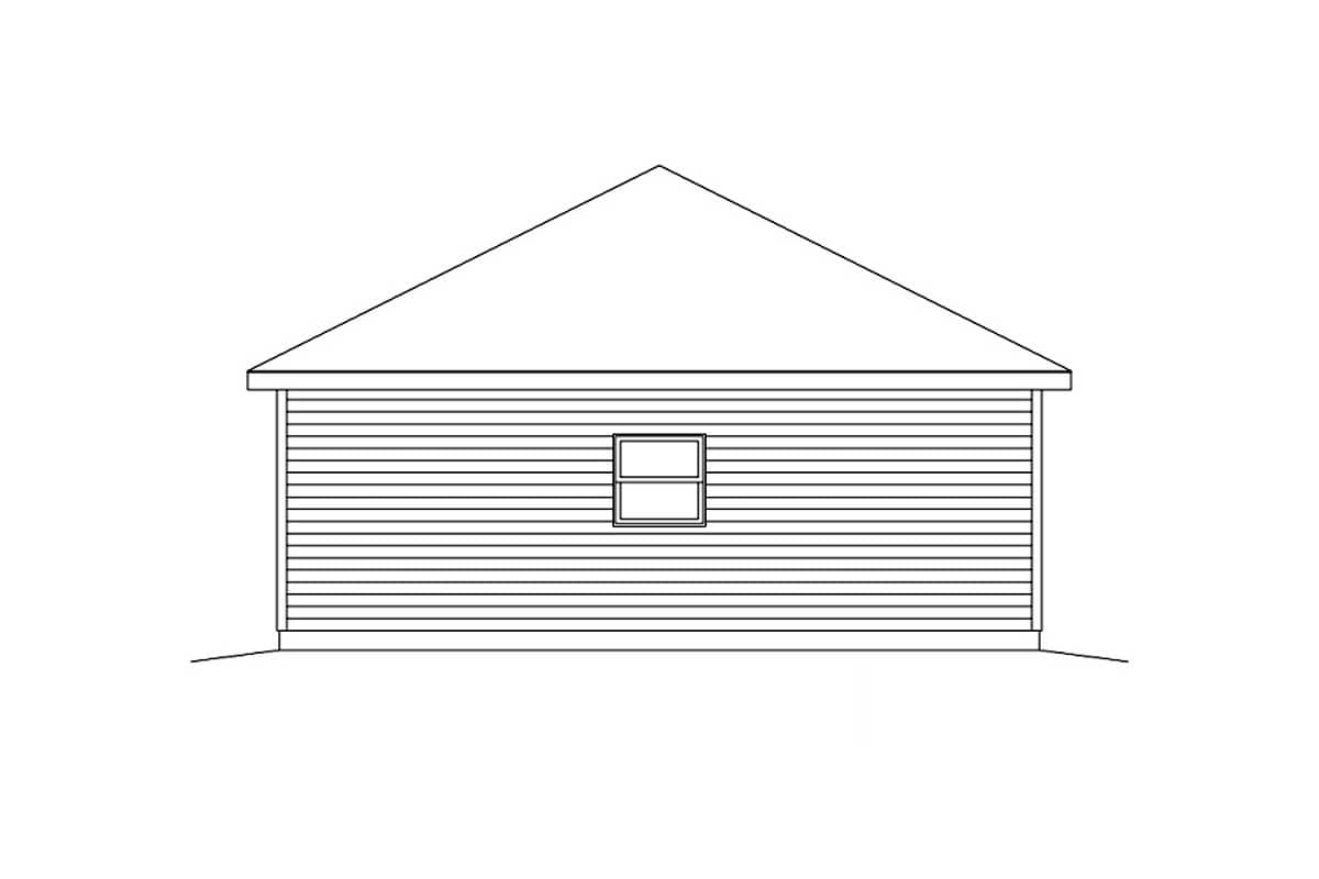 House plan side elevation drawing featuring horizontal siding and a single rectangular window below a gabled roof.
