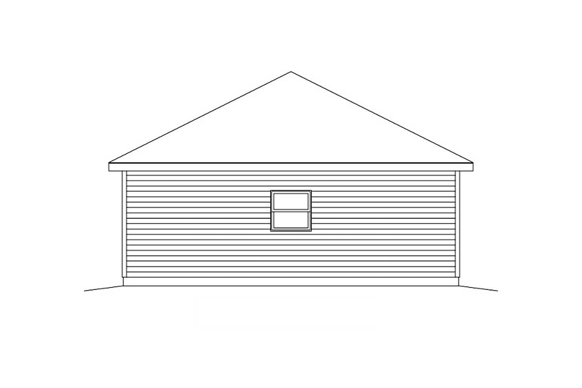 Side elevation house plan showing horizontal siding, a gabled roof, and one rectangular window.