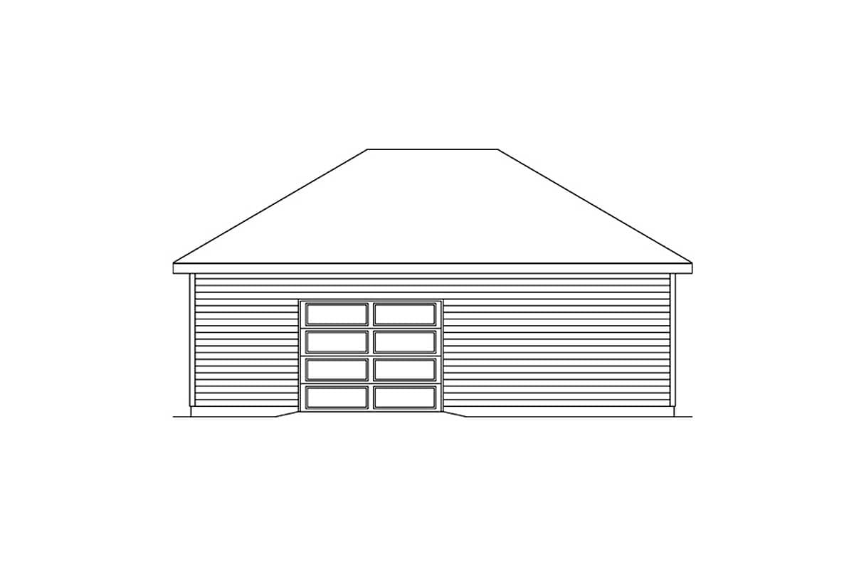 House plan exterior elevation of a single-story garage with horizontal siding and a hipped roof. Features a four-panel garage door with windows.
