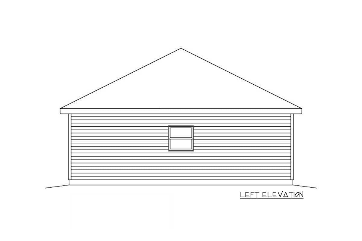 Left elevation drawing of a house plan featuring horizontal siding and a single rectangular window.